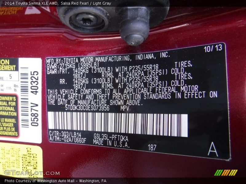 Salsa Red Pearl / Light Gray 2014 Toyota Sienna XLE AWD