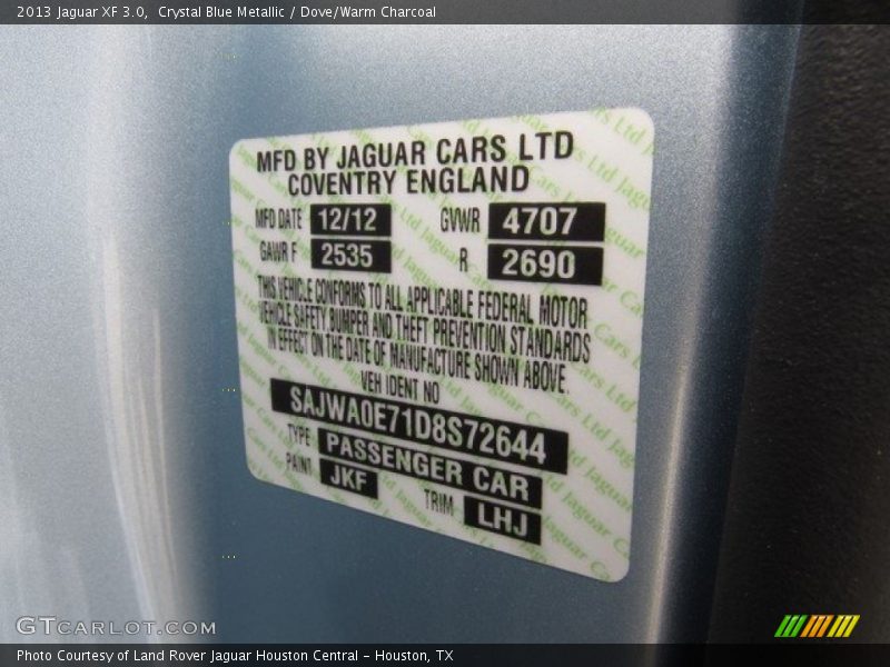Crystal Blue Metallic / Dove/Warm Charcoal 2013 Jaguar XF 3.0
