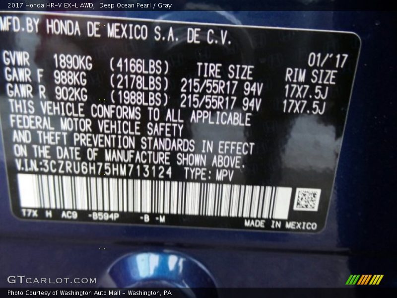 Deep Ocean Pearl / Gray 2017 Honda HR-V EX-L AWD