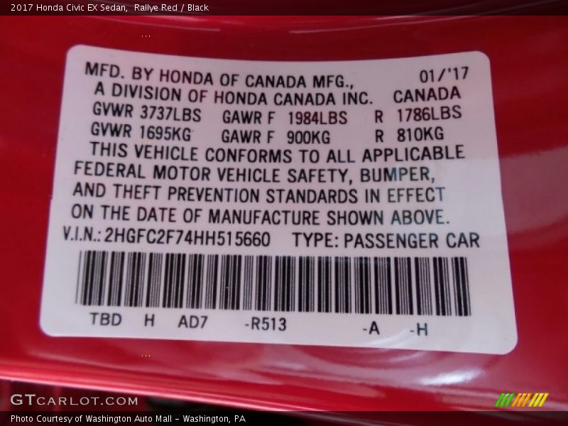 Rallye Red / Black 2017 Honda Civic EX Sedan
