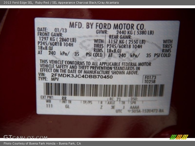 Ruby Red / SEL Appearance Charcoal Black/Gray Alcantara 2013 Ford Edge SEL