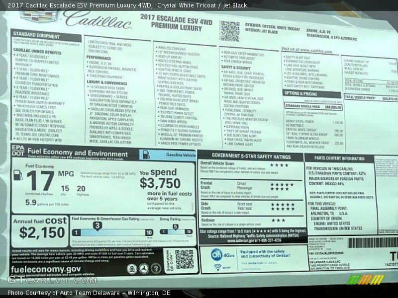 Crystal White Tricoat / Jet Black 2017 Cadillac Escalade ESV Premium Luxury 4WD