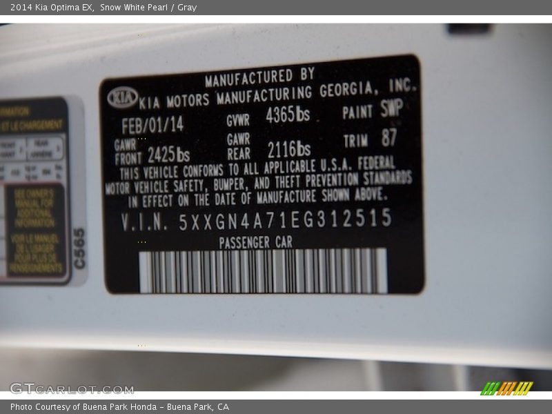Snow White Pearl / Gray 2014 Kia Optima EX