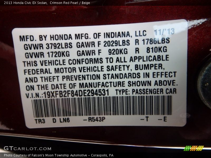 Crimson Red Pearl / Beige 2013 Honda Civic EX Sedan
