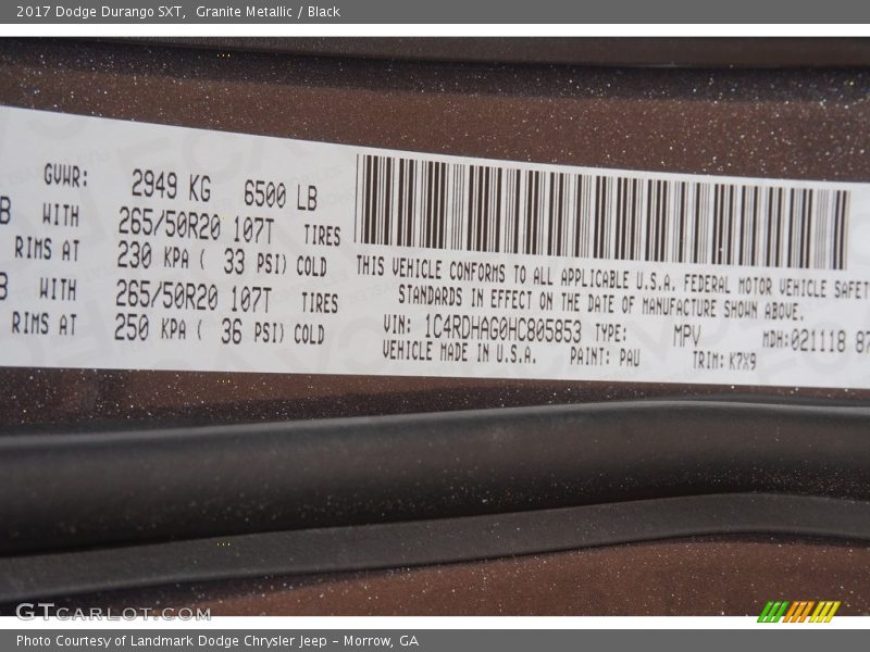 Granite Metallic / Black 2017 Dodge Durango SXT