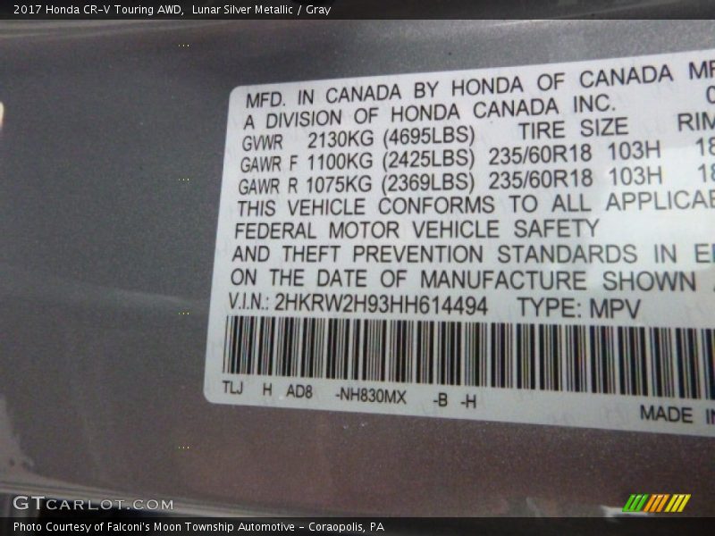 Lunar Silver Metallic / Gray 2017 Honda CR-V Touring AWD