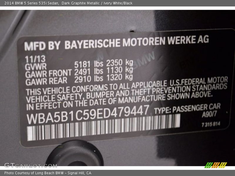 Dark Graphite Metallic / Ivory White/Black 2014 BMW 5 Series 535i Sedan