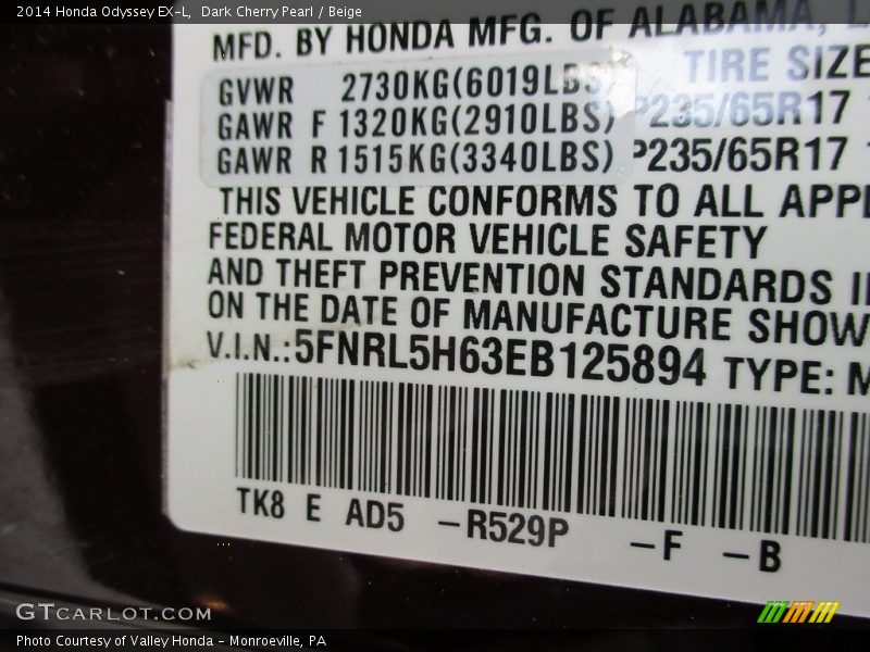 Dark Cherry Pearl / Beige 2014 Honda Odyssey EX-L