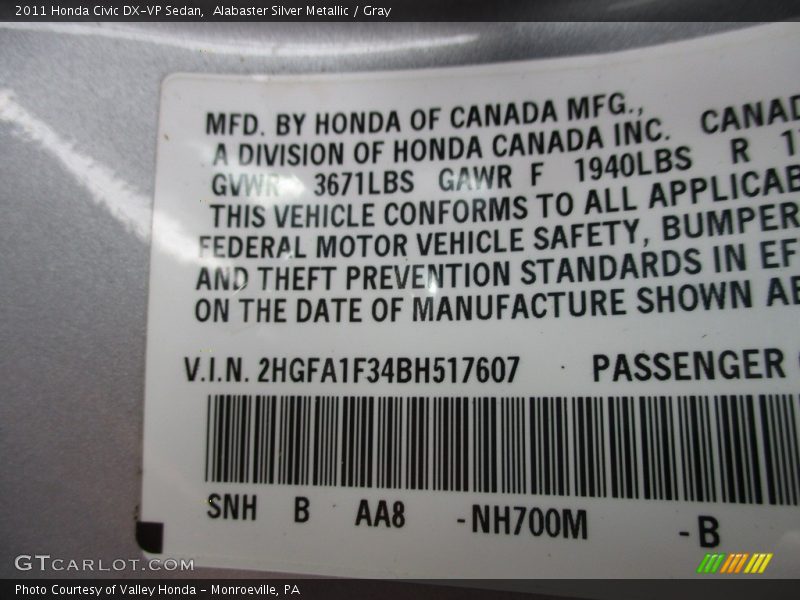 Alabaster Silver Metallic / Gray 2011 Honda Civic DX-VP Sedan
