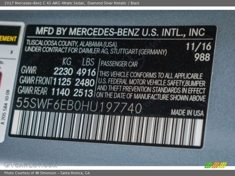 2017 C 43 AMG 4Matic Sedan Diamond Silver Metallic Color Code 988