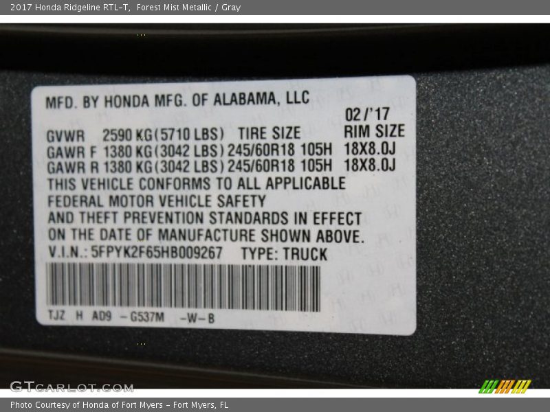 Forest Mist Metallic / Gray 2017 Honda Ridgeline RTL-T