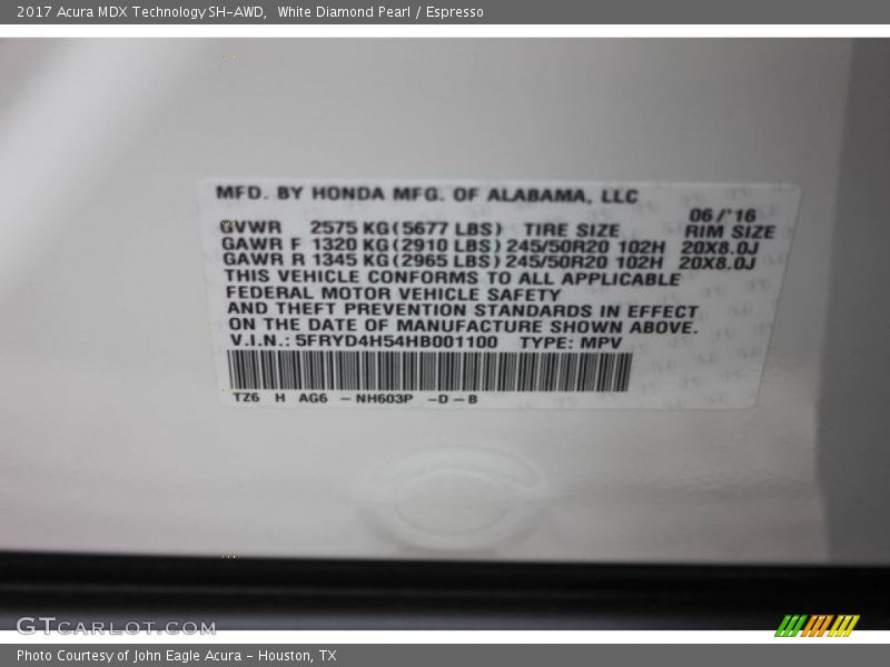 White Diamond Pearl / Espresso 2017 Acura MDX Technology SH-AWD