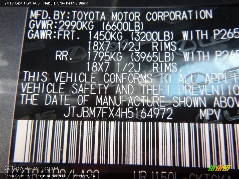 Nebula Gray Pearl / Black 2017 Lexus GX 460