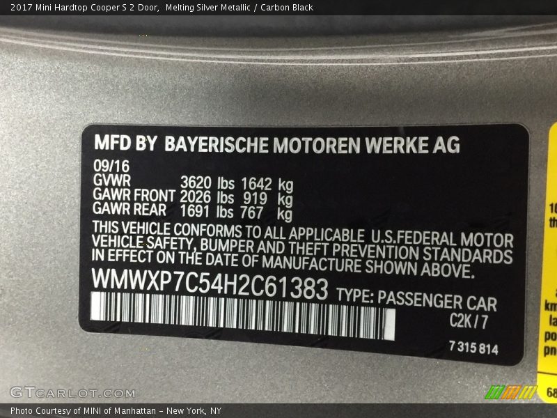 Melting Silver Metallic / Carbon Black 2017 Mini Hardtop Cooper S 2 Door