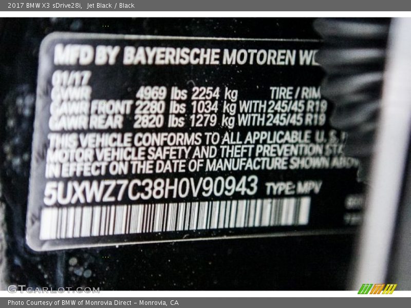 Jet Black / Black 2017 BMW X3 sDrive28i