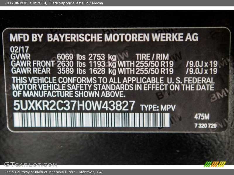 Black Sapphire Metallic / Mocha 2017 BMW X5 sDrive35i