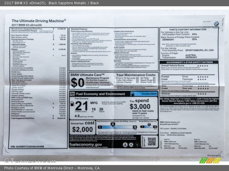  2017 X3 xDrive35i Window Sticker