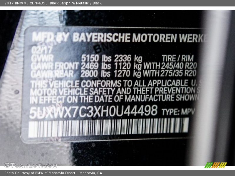 Black Sapphire Metallic / Black 2017 BMW X3 xDrive35i