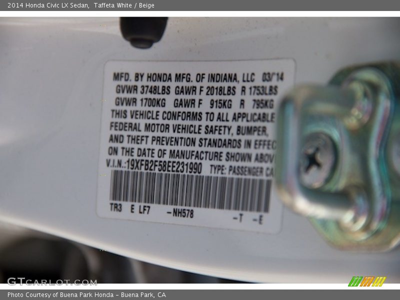 Taffeta White / Beige 2014 Honda Civic LX Sedan