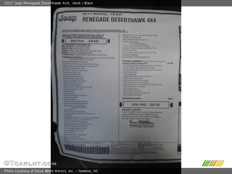 Anvil / Black 2017 Jeep Renegade Deserthawk 4x4