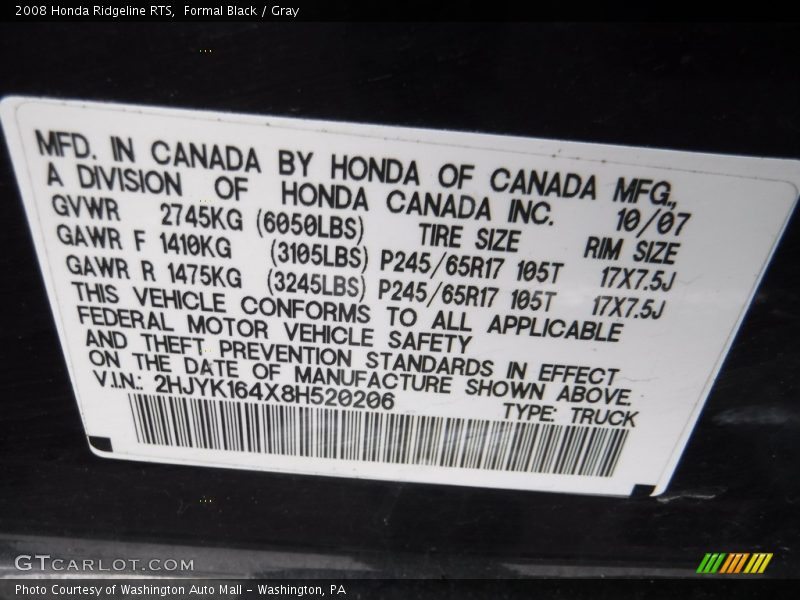 Formal Black / Gray 2008 Honda Ridgeline RTS