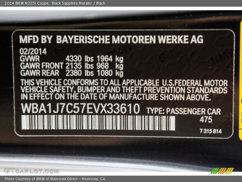 Black Sapphire Metallic / Black 2014 BMW M235i Coupe