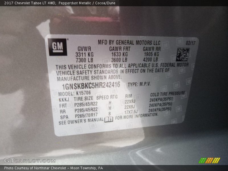 Pepperdust Metallic / Cocoa/Dune 2017 Chevrolet Tahoe LT 4WD