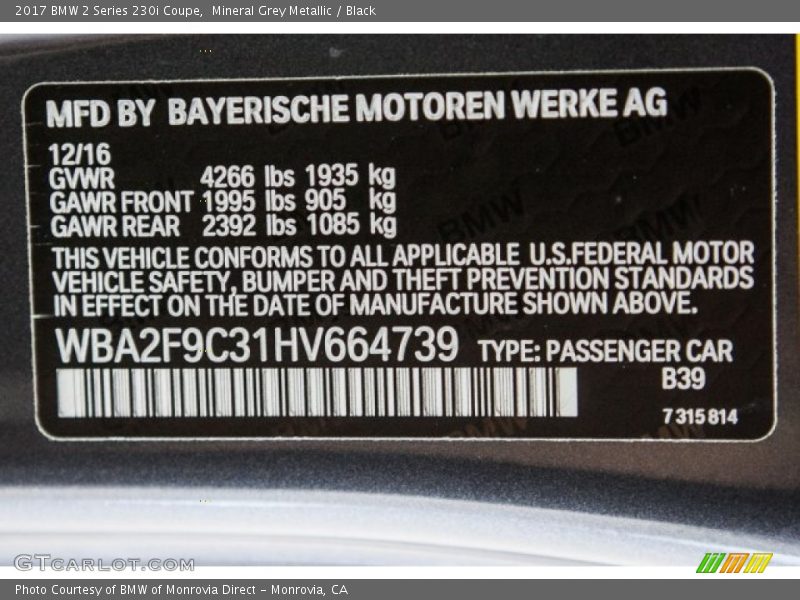 Mineral Grey Metallic / Black 2017 BMW 2 Series 230i Coupe