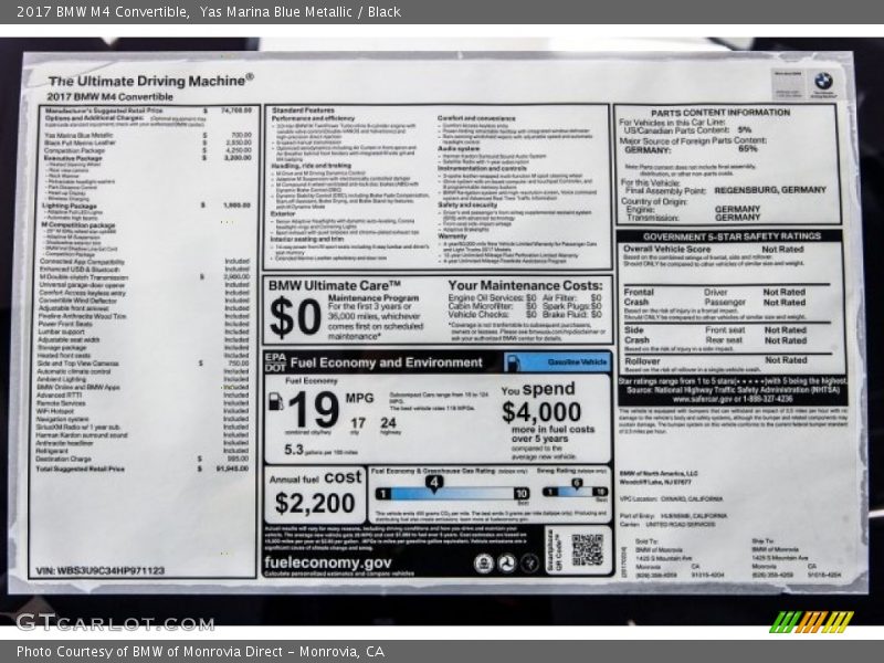  2017 M4 Convertible Window Sticker