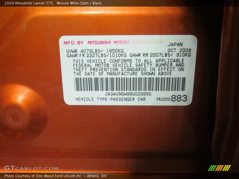 Wicked White Satin / Black 2009 Mitsubishi Lancer GTS