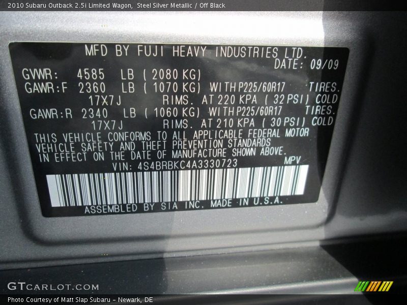 Steel Silver Metallic / Off Black 2010 Subaru Outback 2.5i Limited Wagon