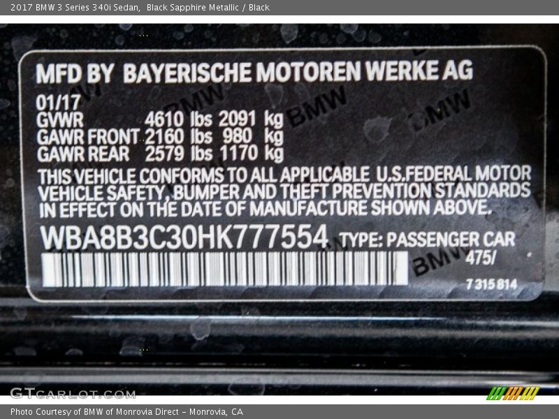 2017 3 Series 340i Sedan Black Sapphire Metallic Color Code 475