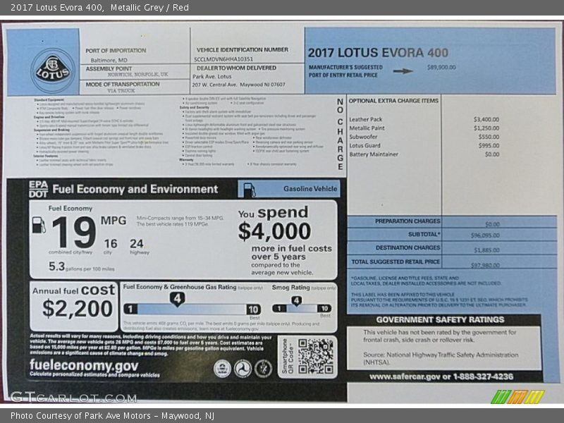  2017 Evora 400 Window Sticker