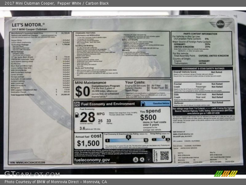 Pepper White / Carbon Black 2017 Mini Clubman Cooper