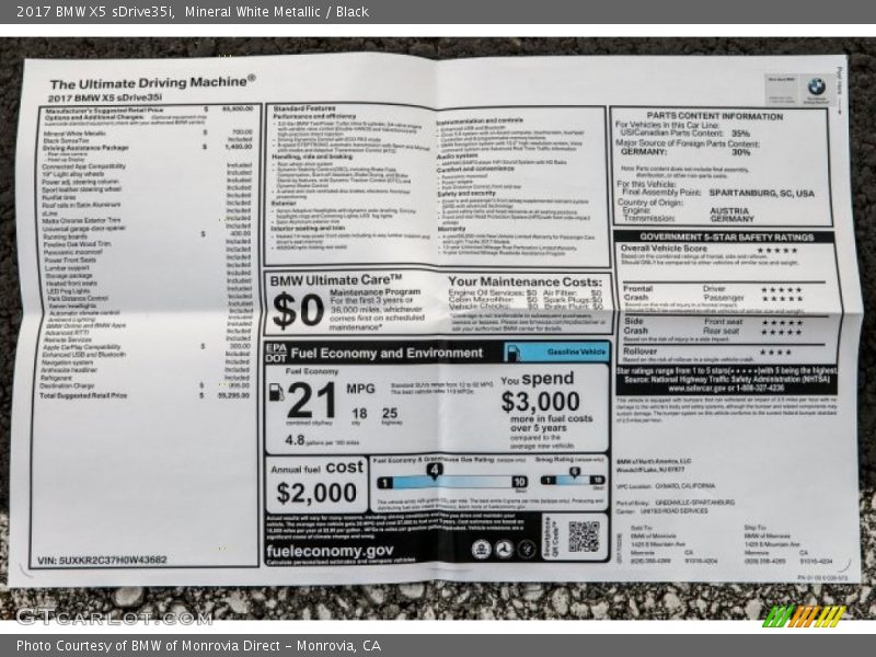 Mineral White Metallic / Black 2017 BMW X5 sDrive35i