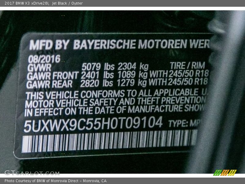 Jet Black / Oyster 2017 BMW X3 xDrive28i