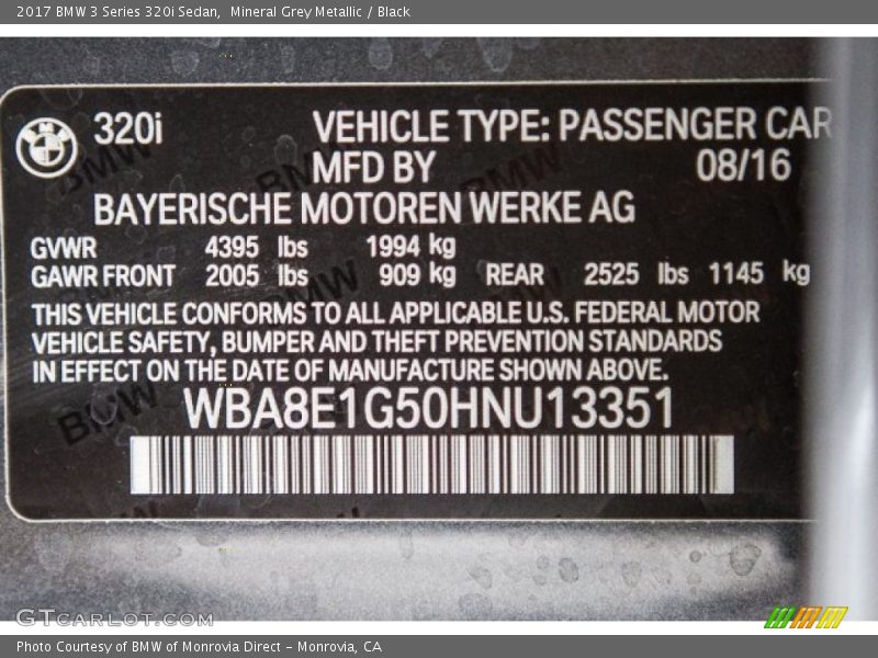 Mineral Grey Metallic / Black 2017 BMW 3 Series 320i Sedan