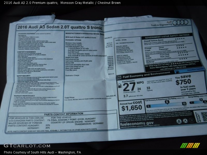 Monsoon Gray Metallic / Chestnut Brown 2016 Audi A3 2.0 Premium quattro