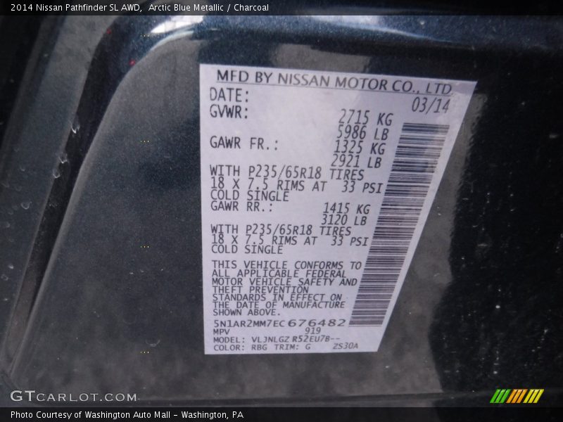 Arctic Blue Metallic / Charcoal 2014 Nissan Pathfinder SL AWD