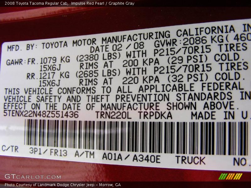 Impulse Red Pearl / Graphite Gray 2008 Toyota Tacoma Regular Cab