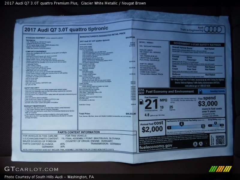 Glacier White Metallic / Nougat Brown 2017 Audi Q7 3.0T quattro Premium Plus
