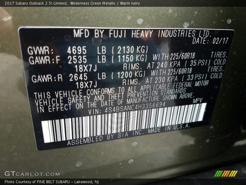 Wilderness Green Metallic / Warm Ivory 2017 Subaru Outback 2.5i Limited