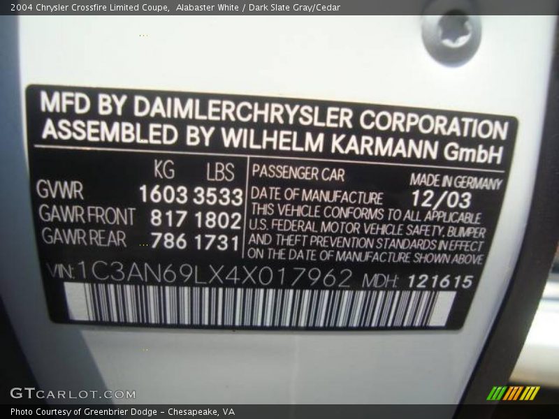 Info Tag of 2004 Crossfire Limited Coupe