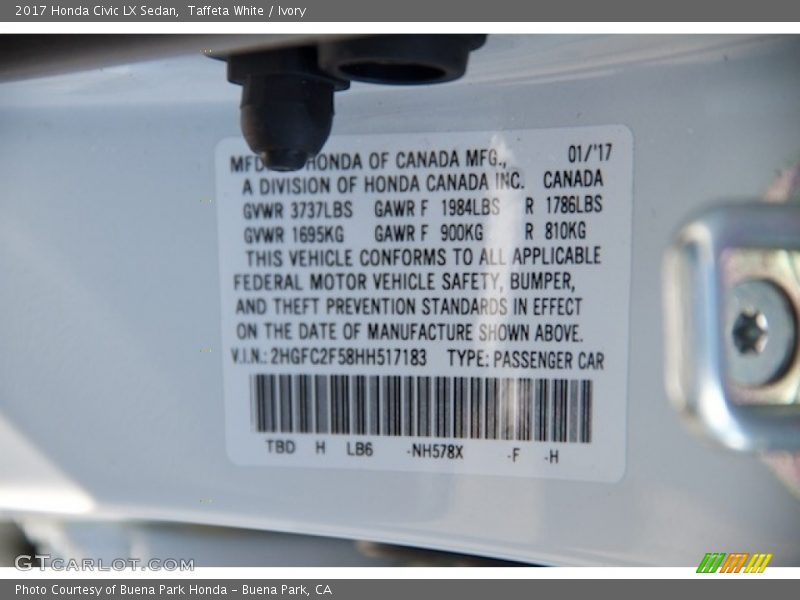 Taffeta White / Ivory 2017 Honda Civic LX Sedan