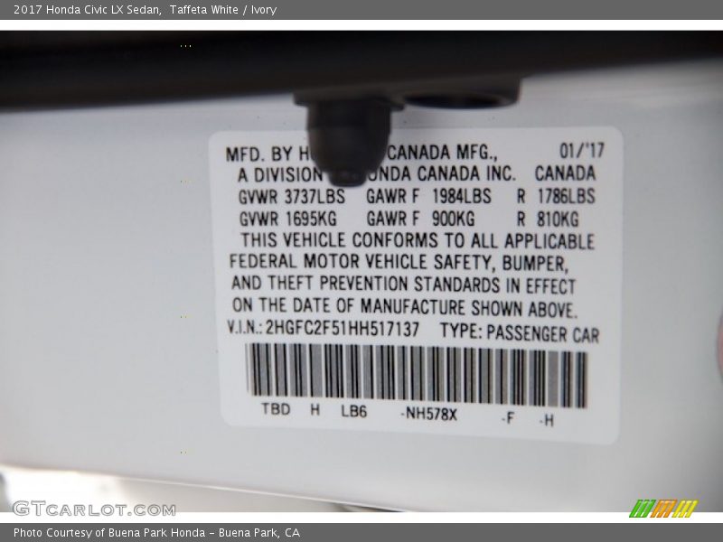 Taffeta White / Ivory 2017 Honda Civic LX Sedan