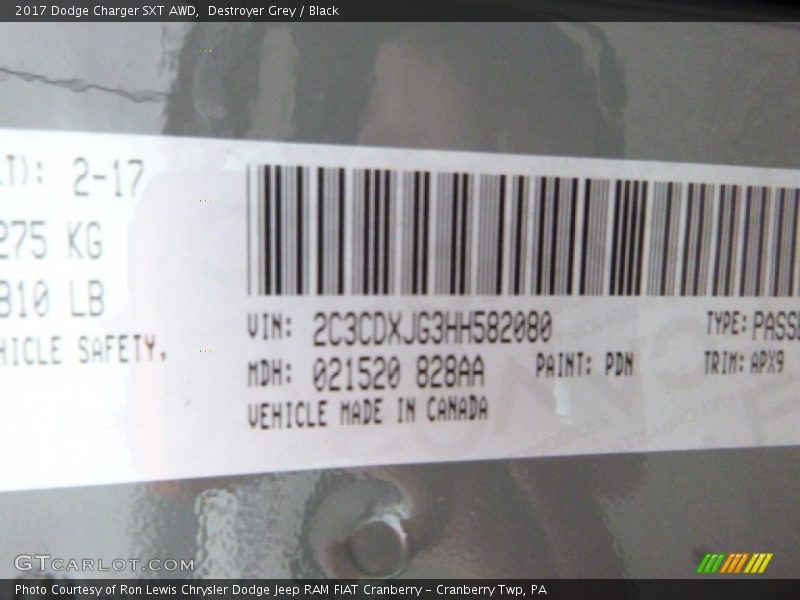 Destroyer Grey / Black 2017 Dodge Charger SXT AWD