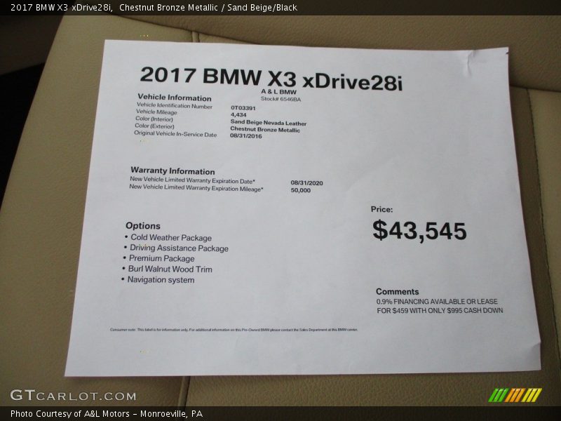 Chestnut Bronze Metallic / Sand Beige/Black 2017 BMW X3 xDrive28i