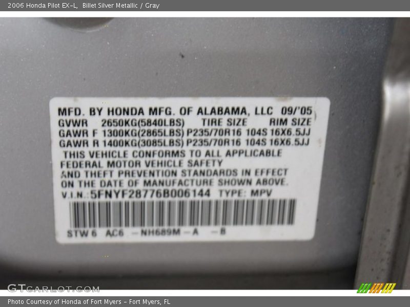 Billet Silver Metallic / Gray 2006 Honda Pilot EX-L