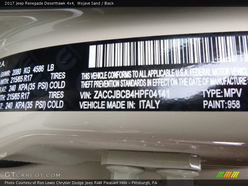 2017 Renegade Deserthawk 4x4 Mojave Sand Color Code 958