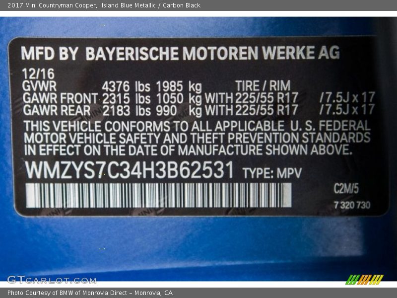 Island Blue Metallic / Carbon Black 2017 Mini Countryman Cooper